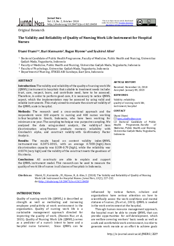 (PDF) Validity and Reliability of Quality of Nursing Work Life ...