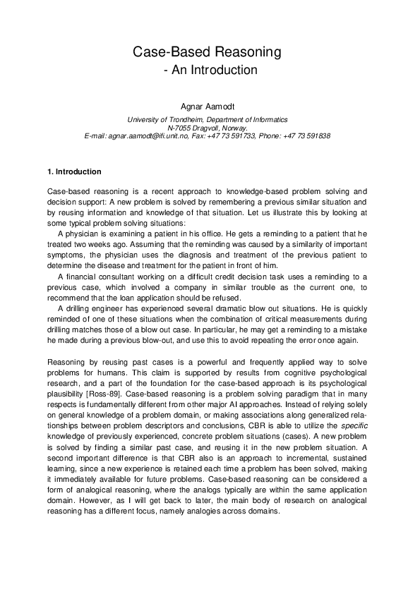 (PDF) Case-Based Reasoning-An Introduction