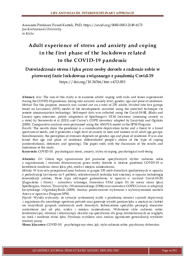 (PDF) Adult experience of stress and anxiety and coping in the first ...