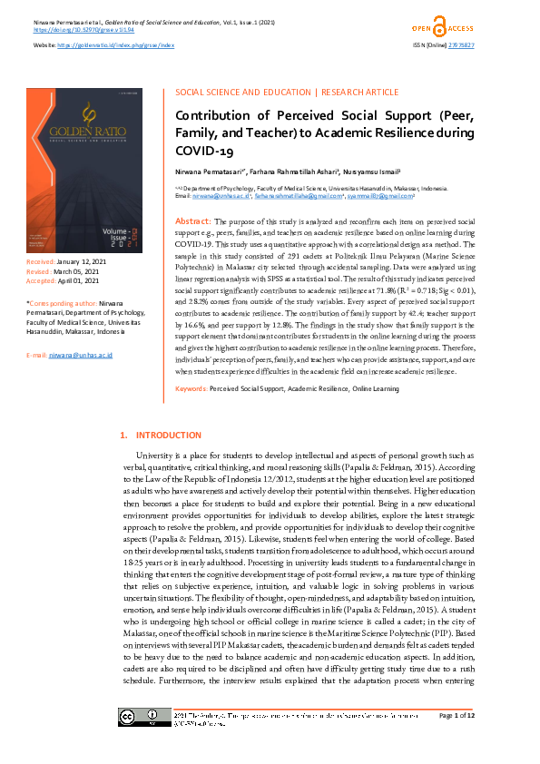 (PDF) Contribution of Perceived Social Support (Peer, Family, and ...
