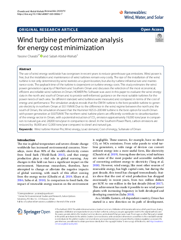 (PDF) Wind turbine performance analysis for energy cost minimization