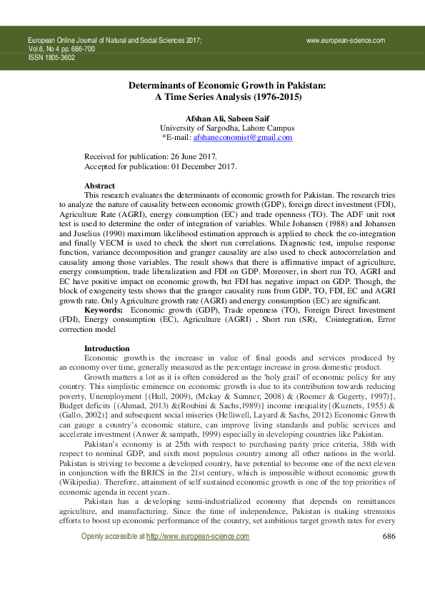 (PDF) Determinants of Economic Growth in Pakistan: A Time Series Analysis
