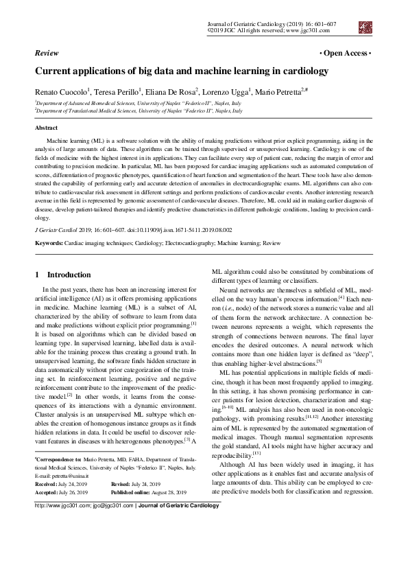 (PDF) Current applications of big data and machine learning in cardiology