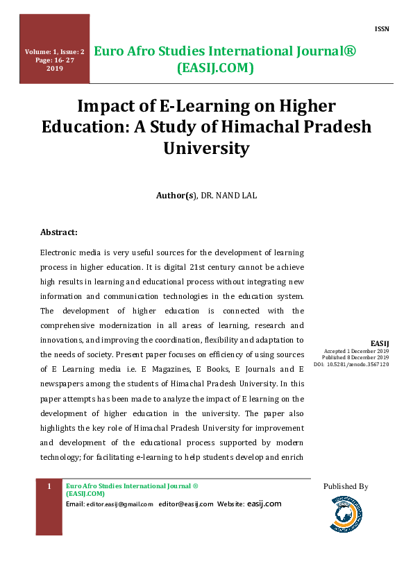 (PDF) Impact of E-Learning on Higher Education: A Study of Himachal ...