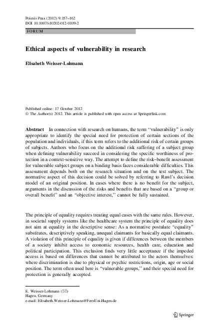 (PDF) Ethical aspects of vulnerability in research