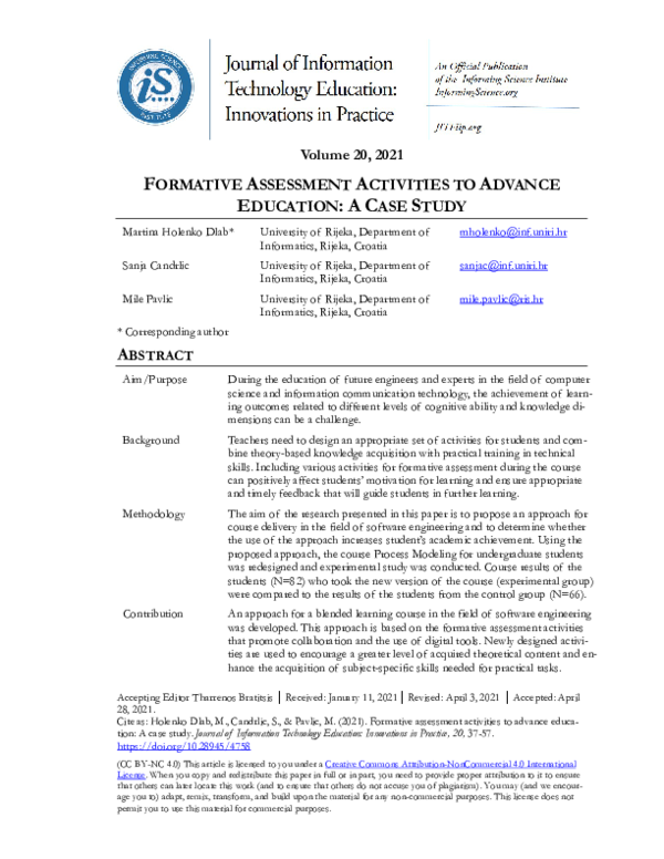 (PDF) Formative Assessment Activities to Advance Education: A Case Study