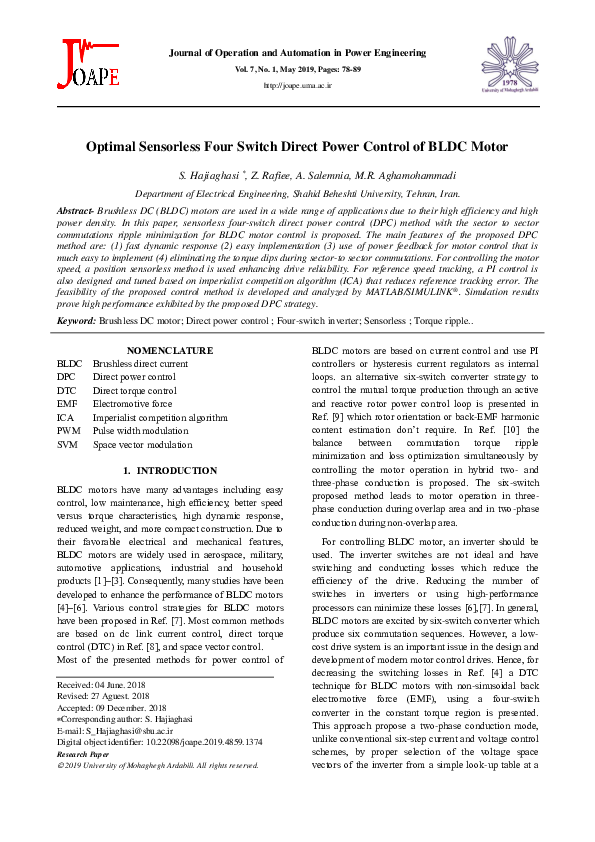(PDF) Optimal Sensorless Four Switch Direct Power Control of BLDC Motor