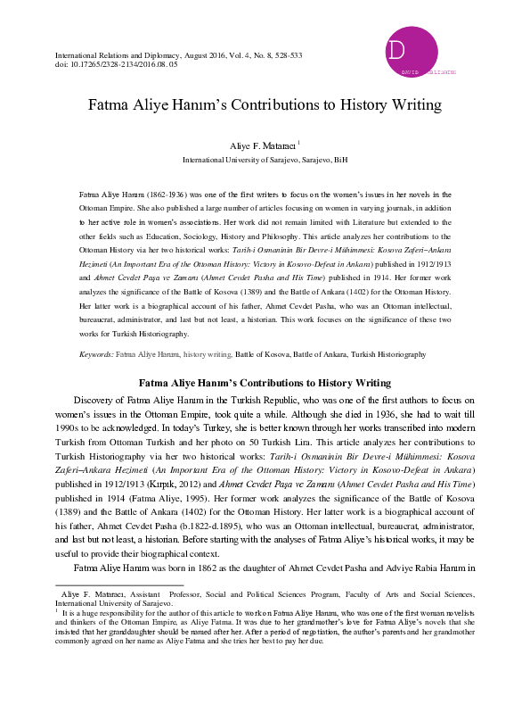 (PDF) Fatma Aliye Hanım's Contributions to History Writing