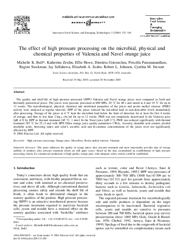 (PDF) The effect of high pressure processing on the microbial, physical ...
