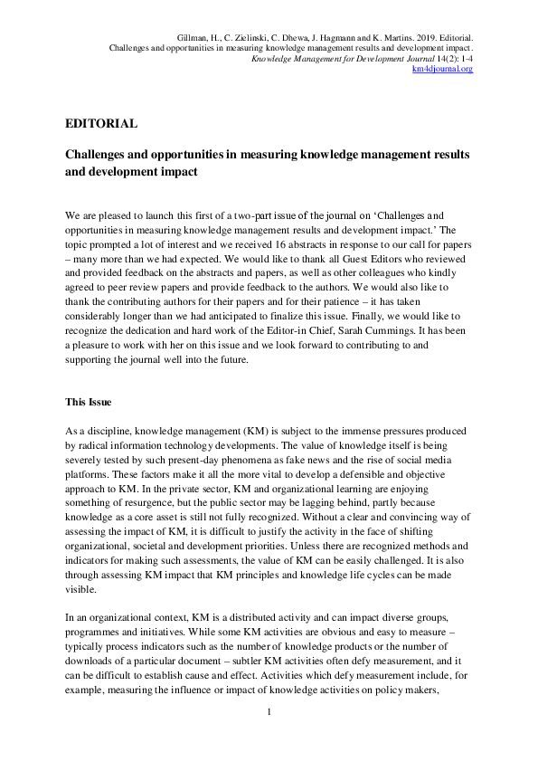(PDF) Challenges and opportunities in measuring knowledge management ...