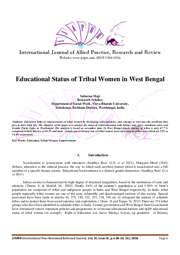 (PDF) Educational Status of Tribal Women in West Bengal