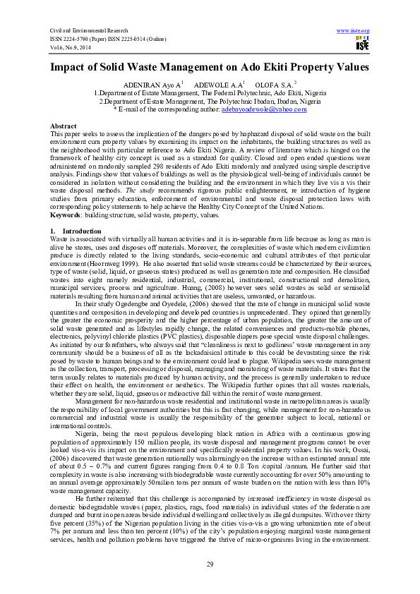 (PDF) Impact of Solid Waste Management on Ado Ekiti Property Values