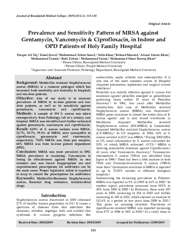 (PDF) Prevalence and Sensitivity Pattern of MRSA against Gentamycin