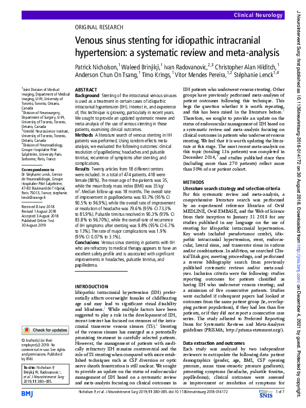 (PDF) Venous sinus stenting for idiopathic intracranial hypertension: a ...