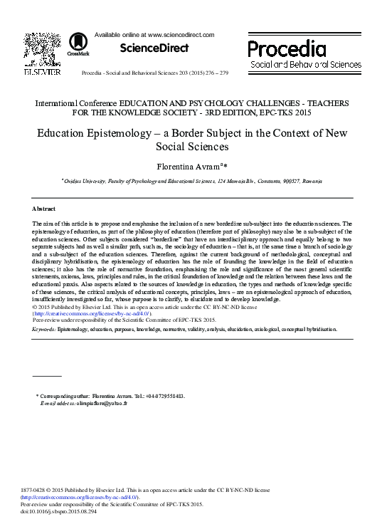 (PDF) Education Epistemology – A Border Subject in the Context of New ...