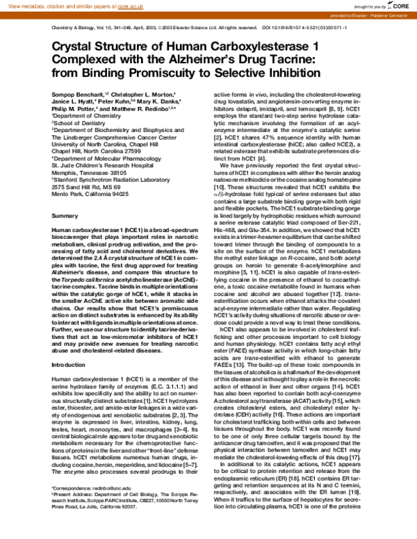 (PDF) Crystal Structure of Human Carboxylesterase 1 Complexed with the ...