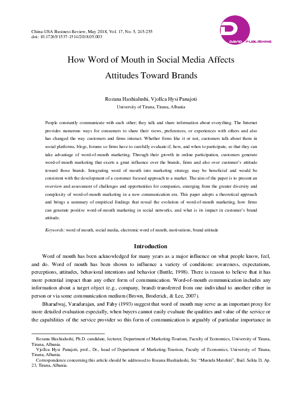 (PDF) How Word of Mouth in Social Media Affects Attitudes Toward Brands