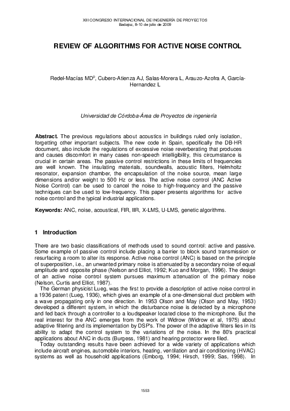 (PDF) Algorithms for Active Noise Control