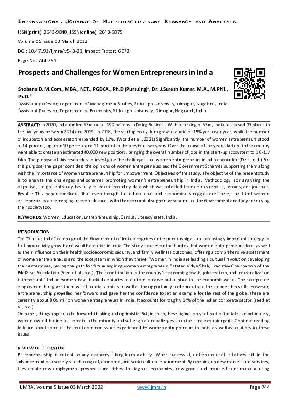 (PDF) Prospects and Challenges for Women Entrepreneurs in India