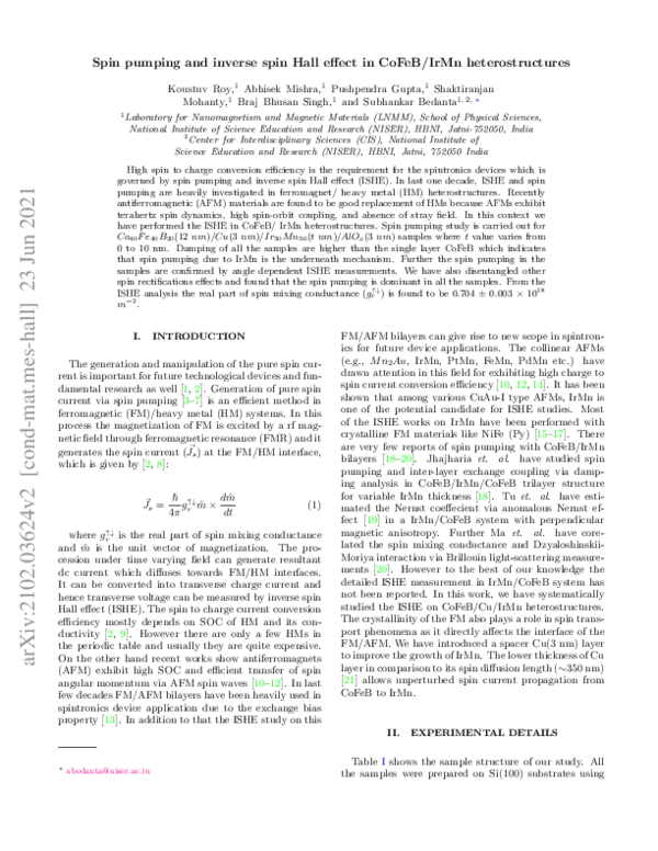 (PDF) Spin pumping and inverse spin Hall effect in CoFeB/IrMn ...