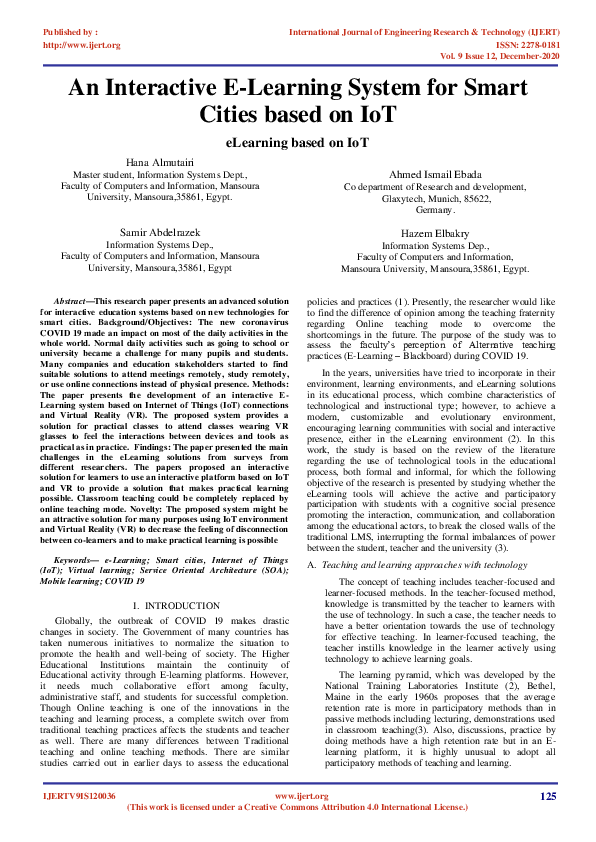 (PDF) An Interactive E-Learning System for Smart Cities based on IoT