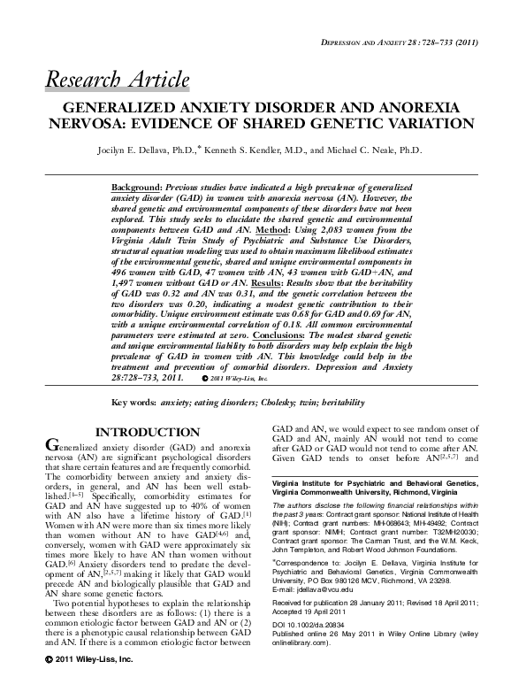 Photo inspiration: Visual Reference: Pdf Generalized Anxiety Disorder And Anorexia Nervosa Evidence Of