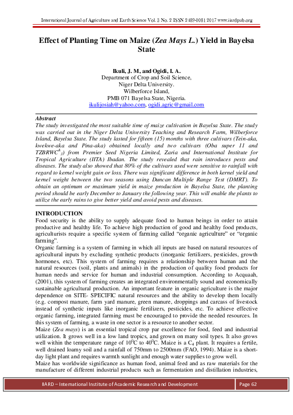 (PDF) Effect of Planting Time on Maize (Zea Mays L.) Yield in Bayelsa State