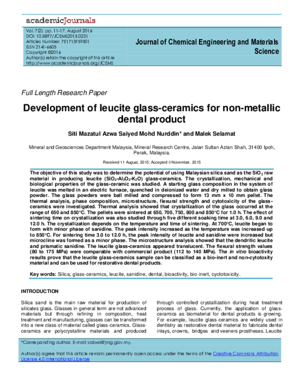 (PDF) Development of leucite glassceramics for nonmetallic dental product malek selamat