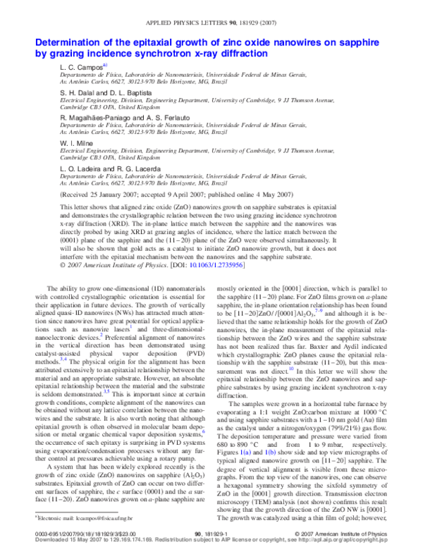 (PDF) Determination of the epitaxial growth of zinc oxide nanowires on ...