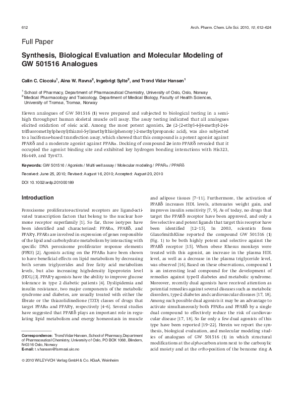 (PDF) Synthesis, Biological Evaluation and Molecular Modeling of GW ...