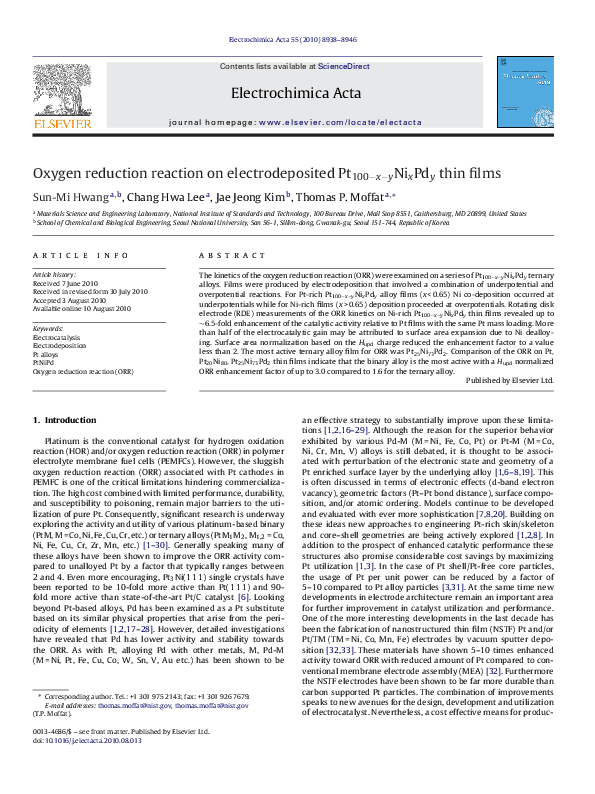 (PDF) Oxygen reduction reaction on electrodeposited Pt100−x−yNixPdy ...