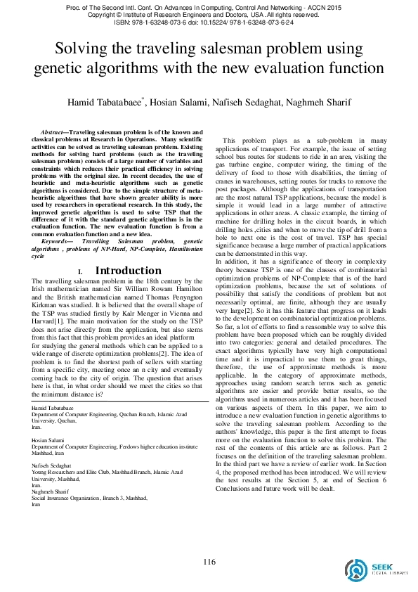 (PDF) Solving the traveling salesman problem using genetic algorithms ...