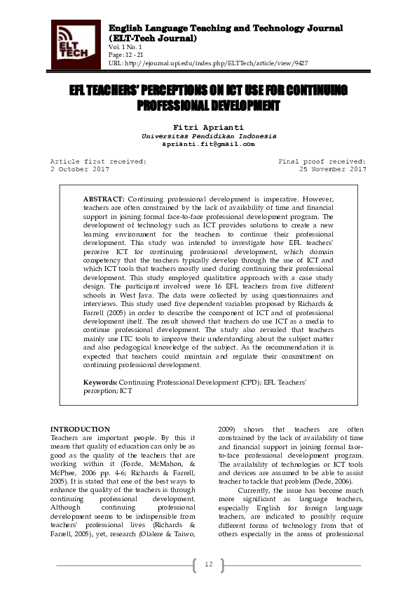 (PDF) Efl Teachers' Perceptions on Ict Use for Continuing Professional ...