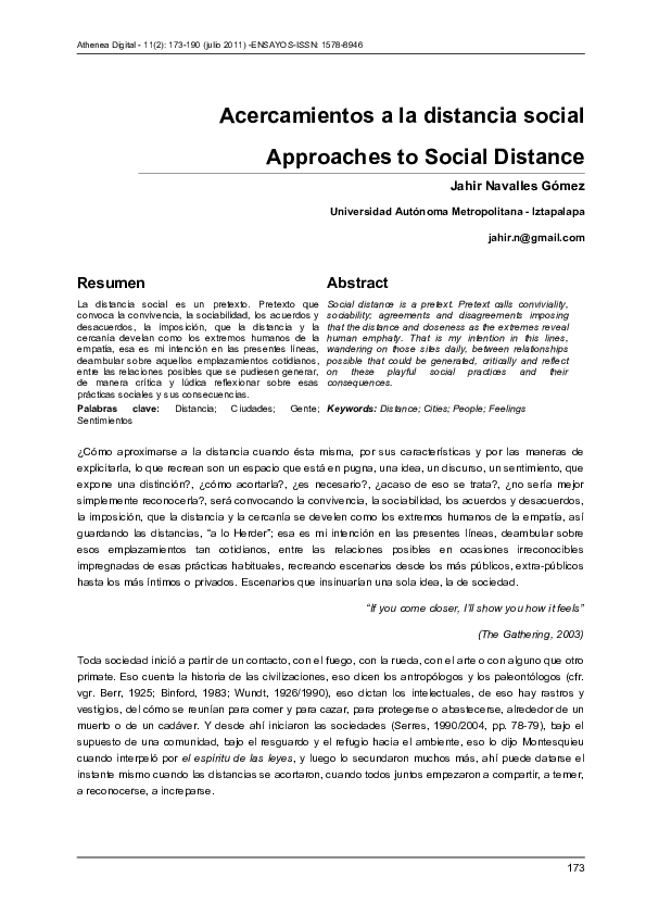 (PDF) Approaches to Social Distance