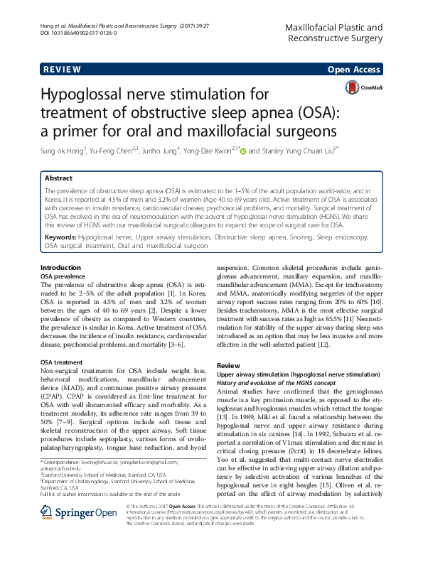 (PDF) Hypoglossal nerve stimulation for treatment of obstructive sleep ...