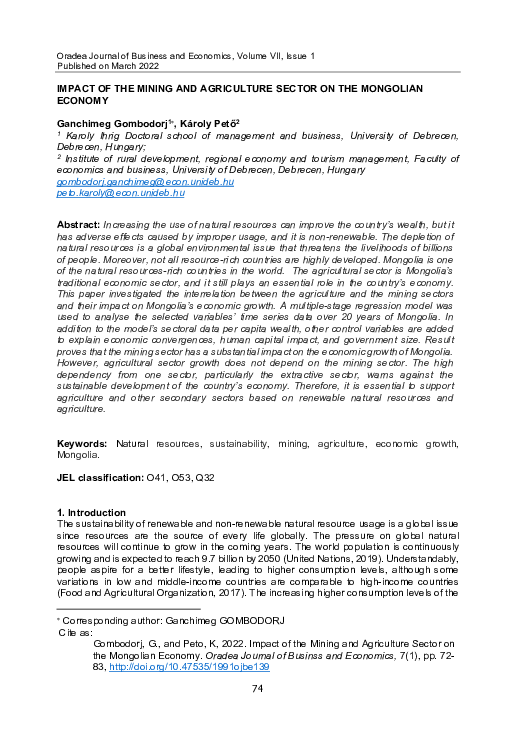 (PDF) IMPACT OF THE MINING AND AGRICULTURE SECTOR ON THE MONGOLIAN ECONOMY