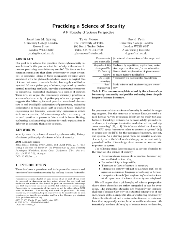 (PDF) Practicing a Science of Security