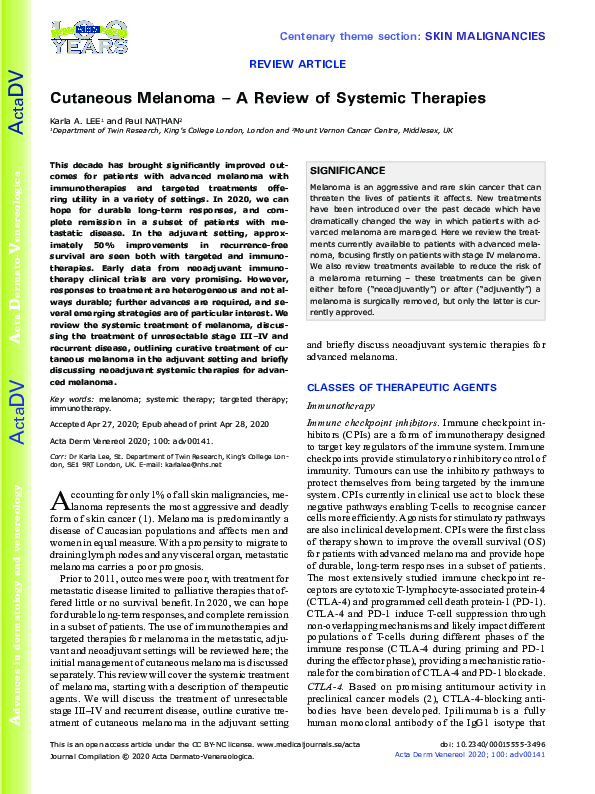 (PDF) Cutaneous Melanoma – A Review of Systemic Therapies