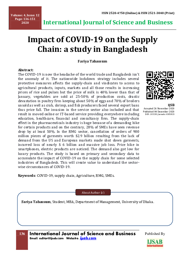 (PDF) Impact of COVID-19 on the Supply Chain: a study in Bangladesh