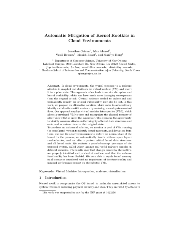 (PDF) Automatic Mitigation of Kernel Rootkits in Cloud Environments