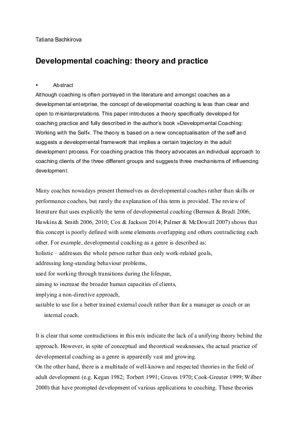 (PDF) Developmental coaching: theory and practice