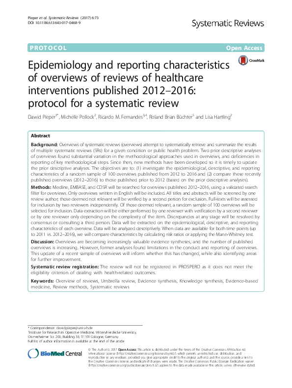 (PDF) Epidemiology and reporting characteristics of overviews of ...
