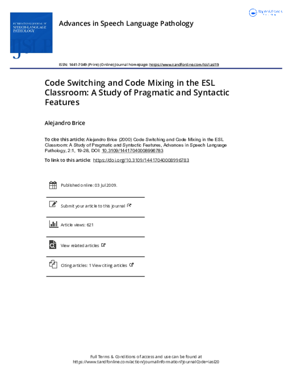 (PDF) Code Switching and Code Mixing in the ESL Classroom: A Study of ...