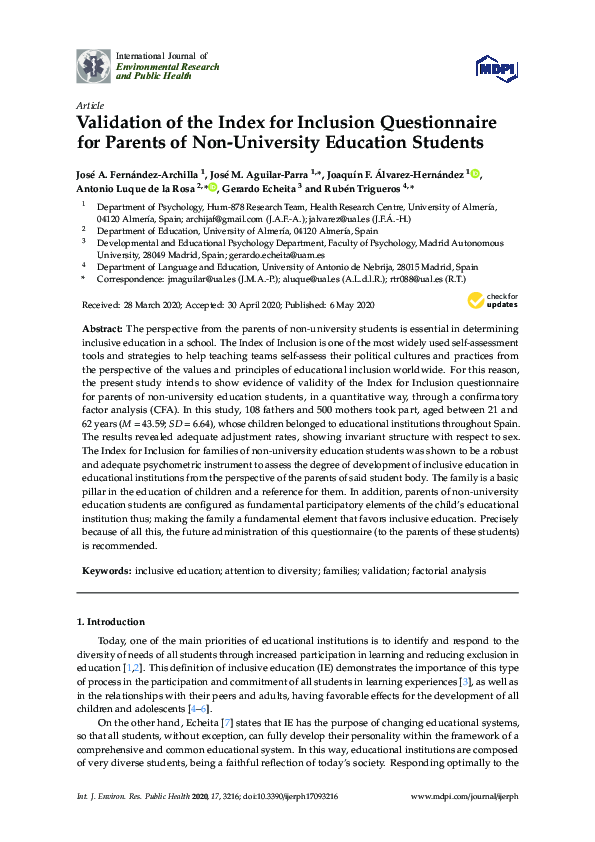 (PDF) Validation of the Index for Inclusion Questionnaire for Parents