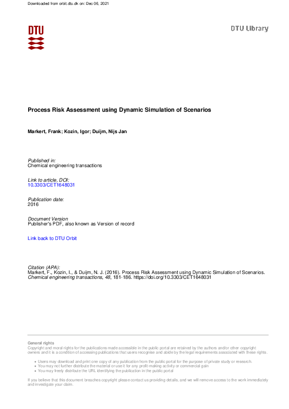 (PDF) Process Risk Assessment Using Dynamic Simulation of Scenarios