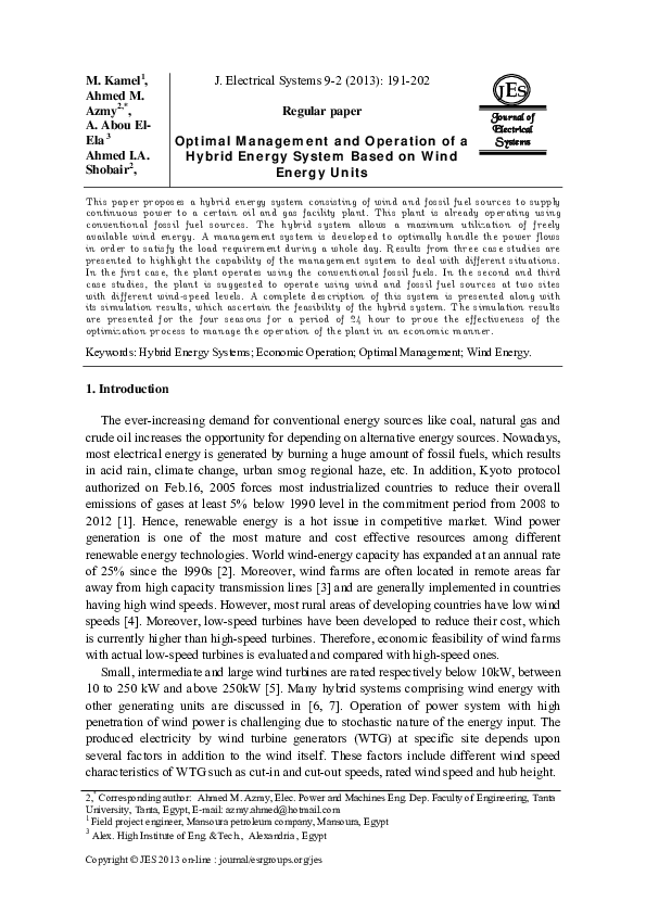 (PDF) Optimal Management and Operation of a Hybrid Energy System Based ...