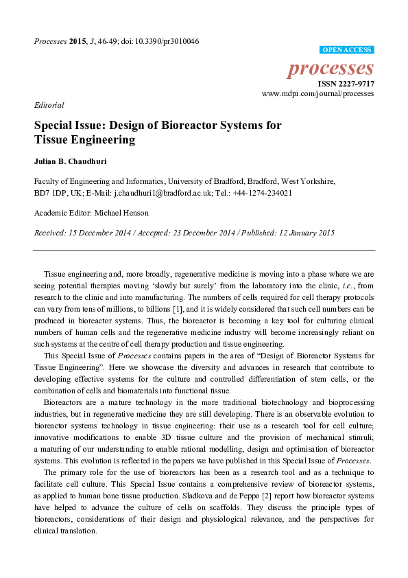 (PDF) Special Issue: Design of Bioreactor Systems for Tissue Engineering