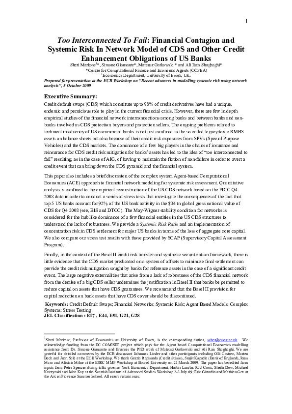 (PDF) 1 Too Interconnected To Fail: Financial Contagion and Systemic ...