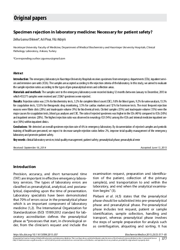 (PDF) Specimen rejection in laboratory medicine Necessary for patient