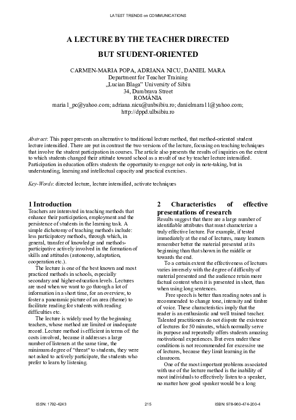 (PDF) A lecture by the teacher directed but student-oriented